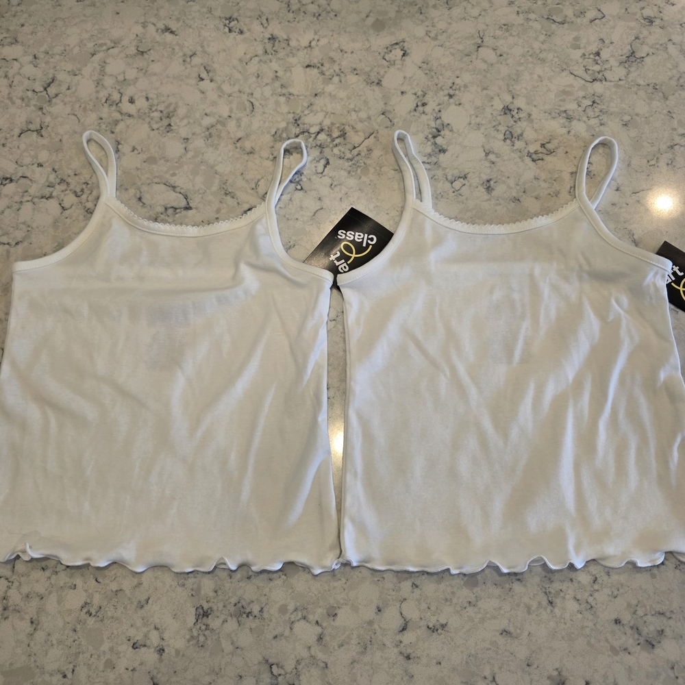 Art Class Solid Fresh White Ruffled Hem Sleeveless Tank Top BUNDLE OF TWO Girls